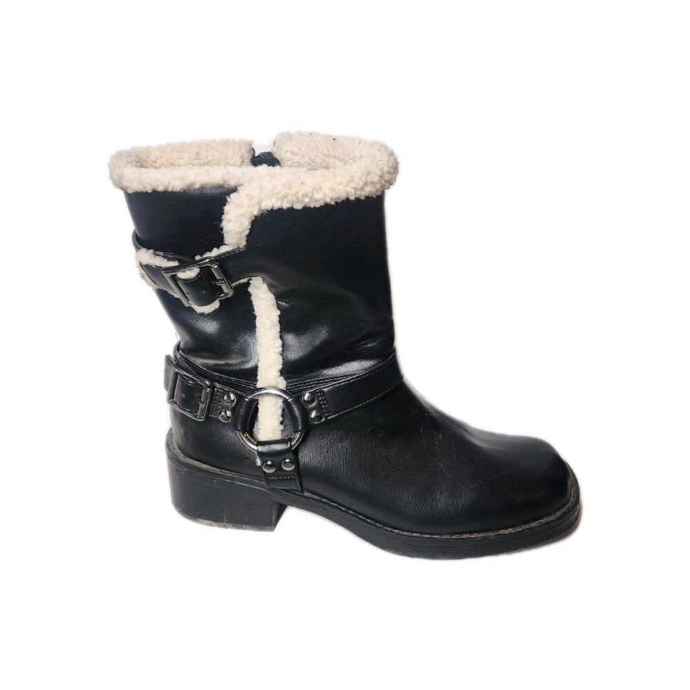 Women's 8.5 Brixton Cozy Faux Shearling Buckled Moto Bootie Santa Boot By FC